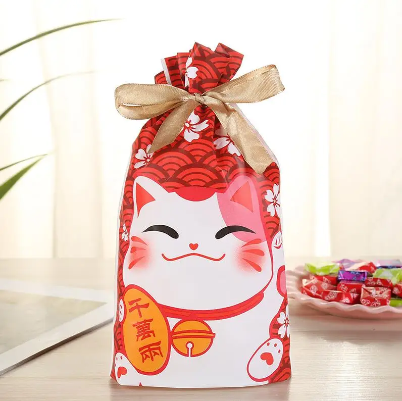 500pcs 23*15*6cm Happy Fortune Cat Candy Bag Plastic Gift Packaging Bags Baking Biscuit Cookies Bags ni92