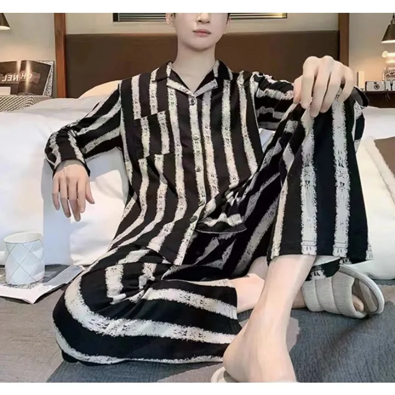 가을 잠옷 남성 긴 소매 단순 플러스 사이즈 격자 무늬 카디건 바지 편안한 통기성 줄무늬 프리미엄 잠옷