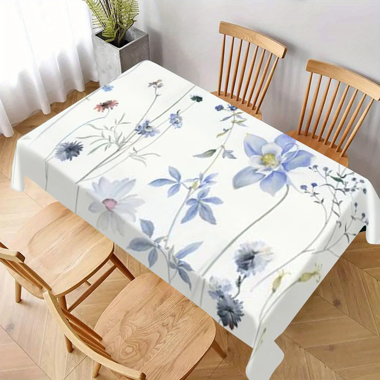 Soft Wildflower Tablecloth, White Background With Light Blue Flower Pattern, Waterproof Table Cover for Daily Meals & Party Use