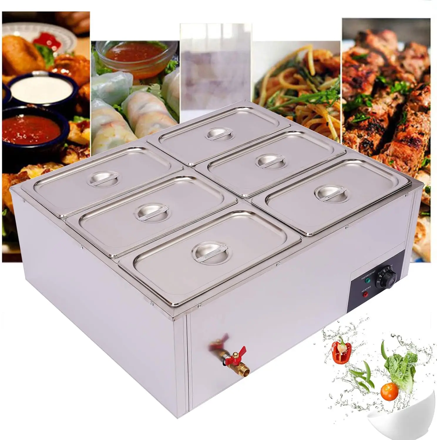 Aquecedor elétrico de aço inoxidável, Buffet Server, 6 Pot, Aquecedor Bandeja, Bain-Marie Buffet