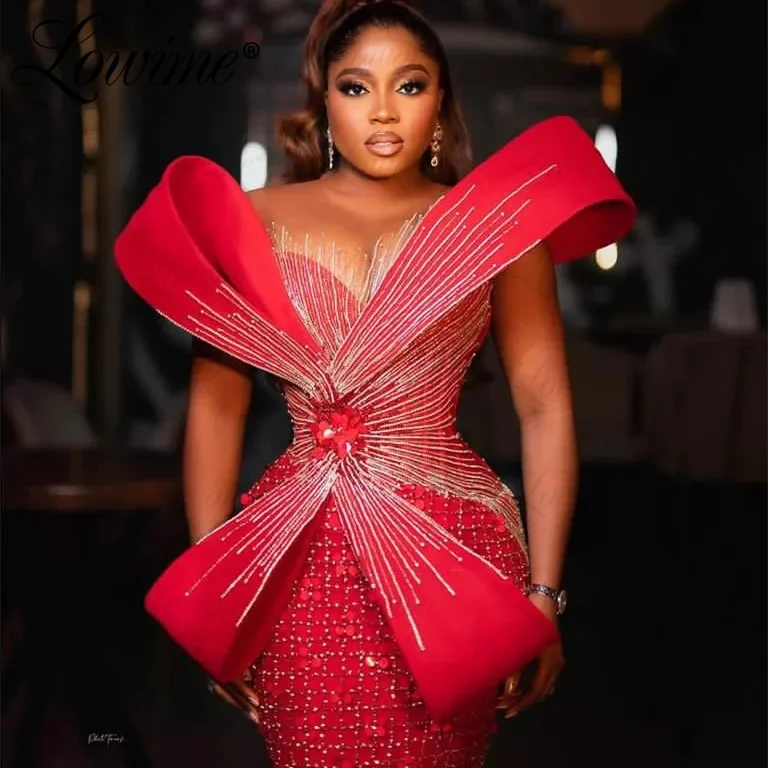 Celebrity Dresses Red Abendkleider Luxus 2023 African Prom Dresses Aso Ebi Arabic Beaded Sequins Mermaid Plus Size Evening Dress