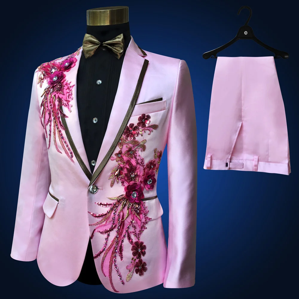 Pink Tuxedo Jacket +pant Beads Suit Mens Stage Wearmens Tuxedos Wedding Plus Size 4XL Pink Royal Blue White Black Red Groom Suit