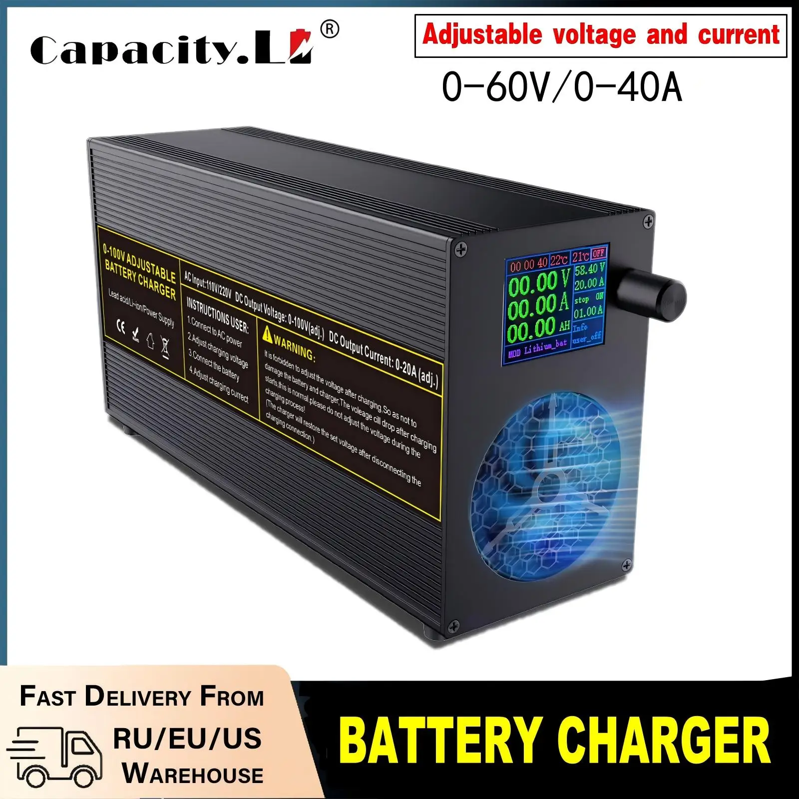 Verstelbare spanning/stroom snellader voor lithium/Lifepo4/loodzuuraccu Universeel 12V24V36V48V60V/20A40A Alle apparatuur
