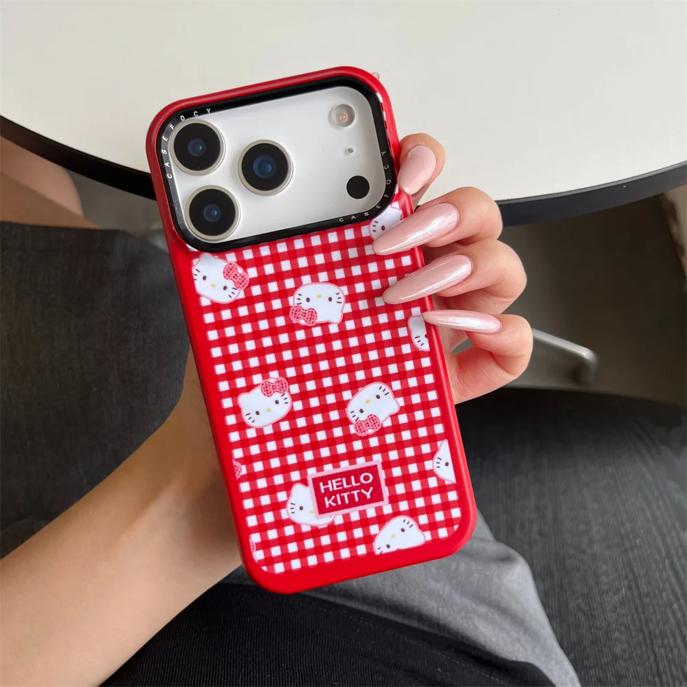 Корейский чехол INS с клетчатой вышивкой Hellokitty для Magsafe с магнитным держателем для iPhone 15, 14, 13, 16, Pro Max 17 Pro, защитный чехол