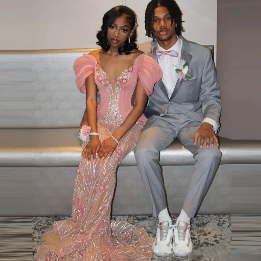 Robes de bal sirène rose avec cristaux pailletés robe de soirée perlée épaules dénudées plis grande taille robes d'occasion spéciale