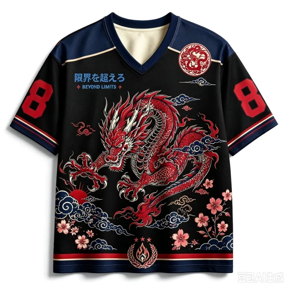 Japanisches Ukiyo-e-Motiv, Drachen-Kirschblüten-3D-Druck, schnelltrocknendes, atmungsaktives Sport-T-Shirt für Herren mit V-Ausschnitt, Outdoor-Street-Casual, Eltern-Kind-Set – Detail 6