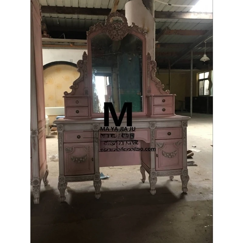 

Американский комод из цельного дерева, французская главная спальня, резной розовый комод для квартиры, роскошный европейский ретро-стол для макияжа