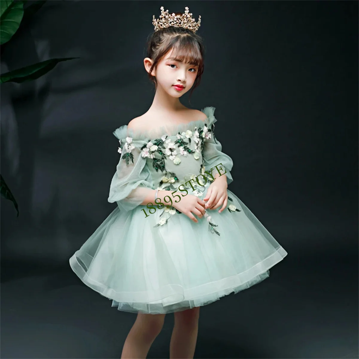 Mini vestidos de niña de flores con apliques de tul verde para boda, cuello barco, media manga, desfile de niños, vestidos de primera comunión para niños