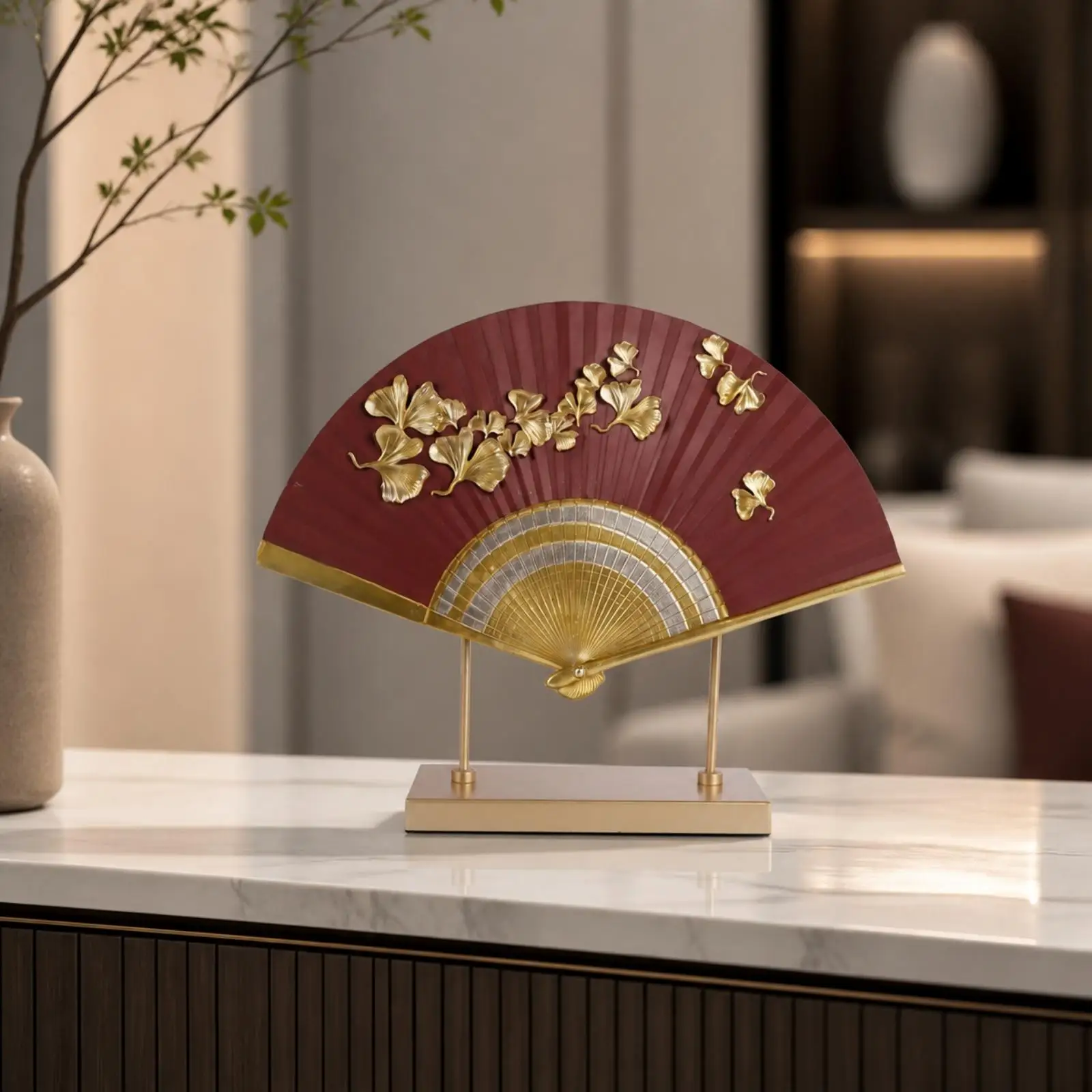 Ginkgo Leaf Fan Decor with Hanging Ornamentation Sculptural Freestanding Fan Ornament with Rectangular Base Silvered Decorative