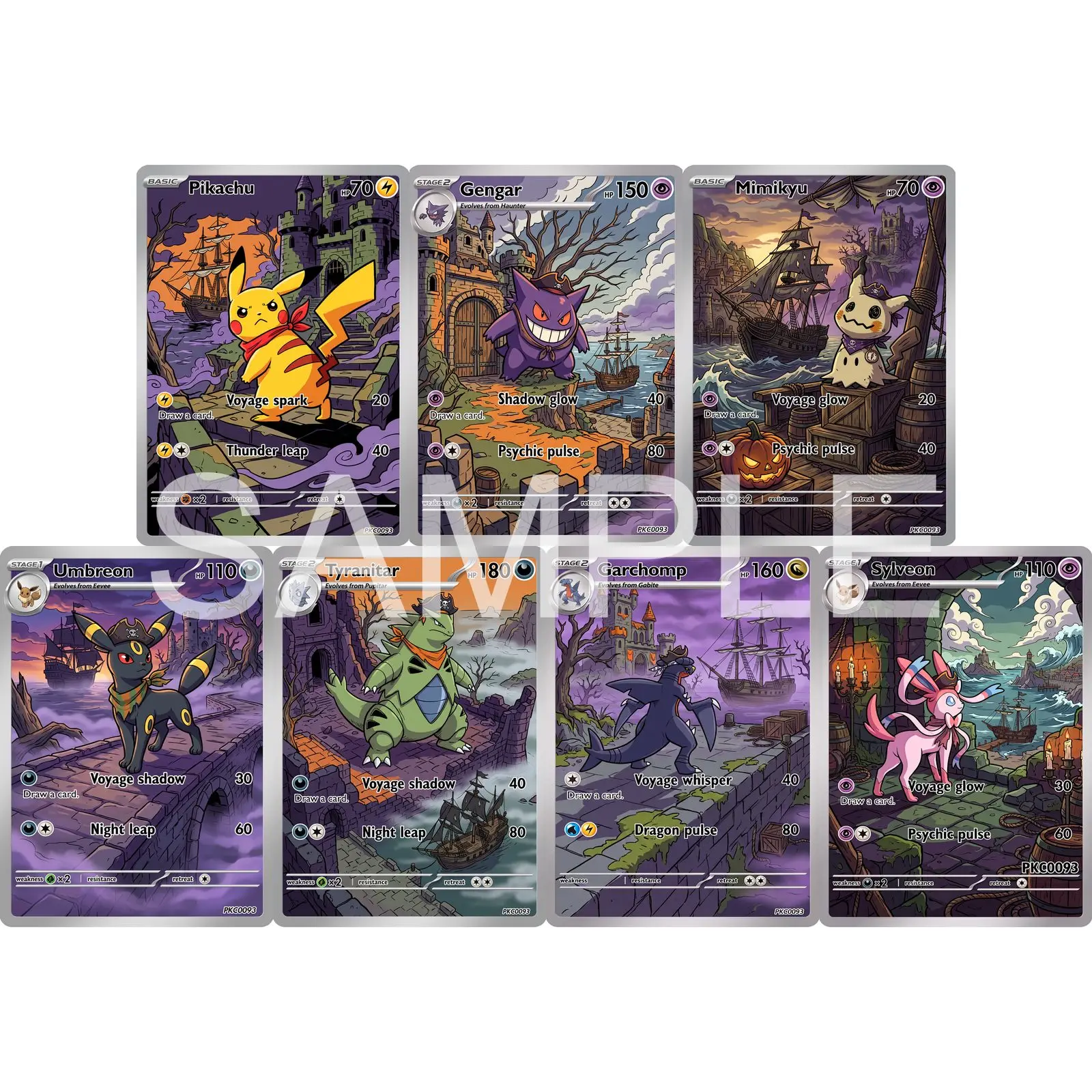 7Pcs PKM Cards PTCG Pirate Adventure Anime Style Gengar Mimikyu Umbreon Tyranitar Garchomp Sylveon Art Collection Cards PTCG