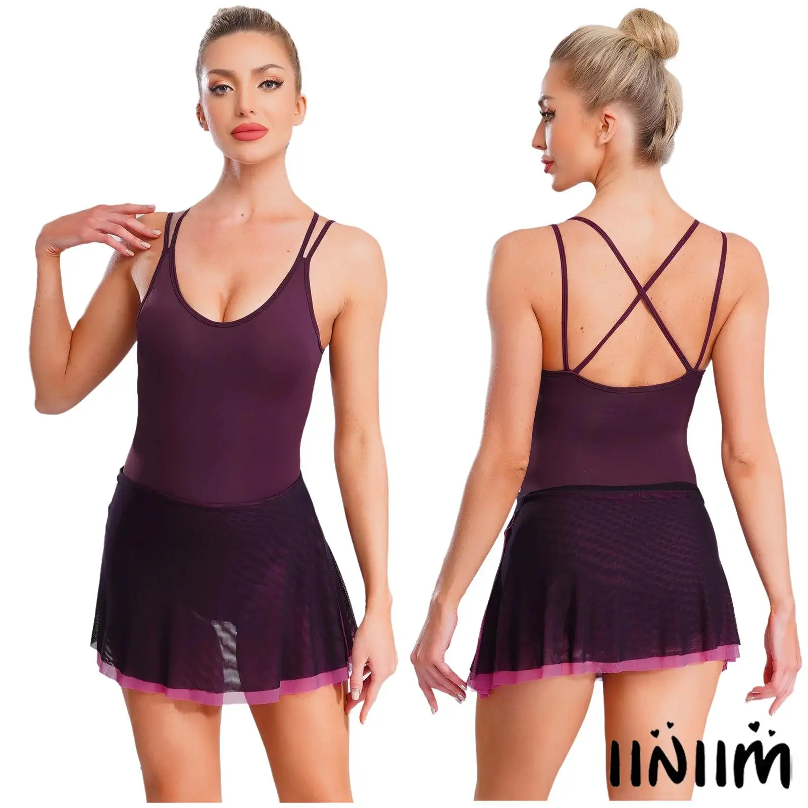 

Womens Ballet Gymnastics Dresses Removable Pads Color Block Mesh Hem Built-in Briefs Leotard Dress for Lyrical Yoga Ballet Dance