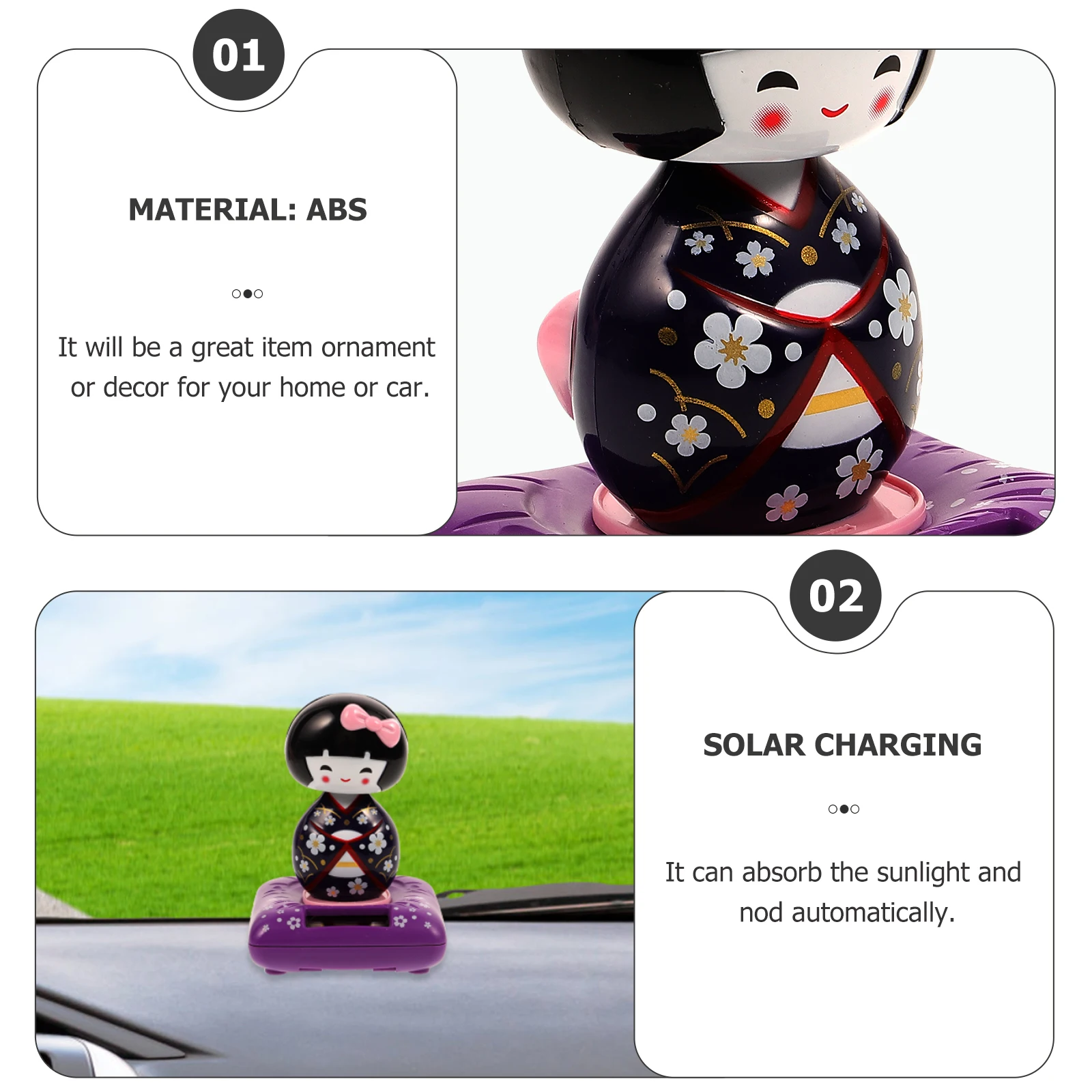 

Solar Powered Nodding Ornament Japanese Maiko Design Car Interior Decor for Auto Dashboard Home Office Desktop Table Decoration