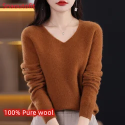 Wool Women's Sweater 2023 Autumn Winter Knitted Pullover V-neck Loose Bottoming Shirt Solid Soft Knitwear Jumpers Basic Sweaters