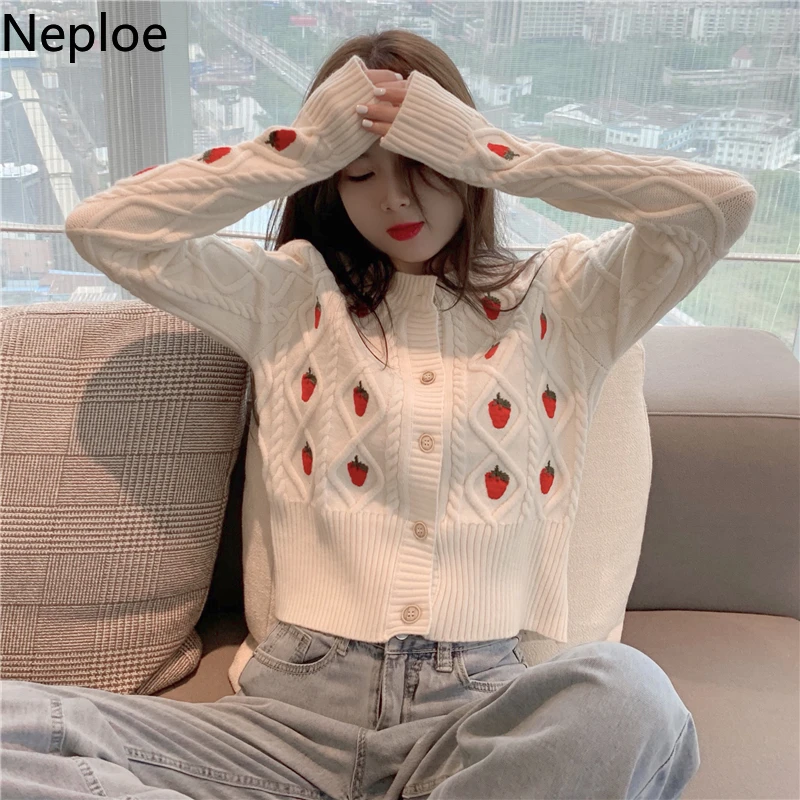 Neploe Sweater For Women Strawberry Crochet Floral Knitted Cropped Cardigan Fashion Korean Sueter Coat Fall Clothes Pull Femme