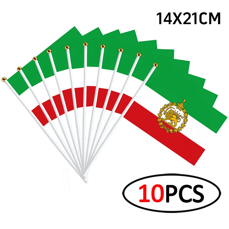 10 Banderas de Irán para Agitar con la Mano, 14x21cm, con Diseño Histórico de León y Corona, Bandera de la Revolución Constitucional Antigua de Poliéster con Asta de Plástico
