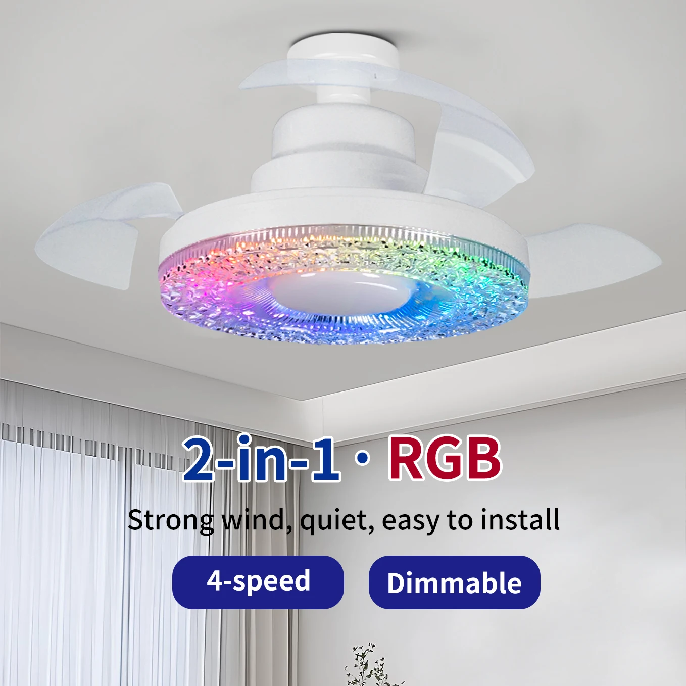 

Screw Mouth Small LED Ceiling Fan Light, 2-in-1, RGB Fan with Light, Invisible Fan Blades, Silent Bedroom and Living Room Lamp