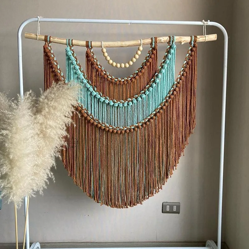 Retro Macrame Tassel Wall Hanging Handwoven Geometric Pattern Cotton Tapestry Decorative Clothing Store Dormitory Room Wall Art