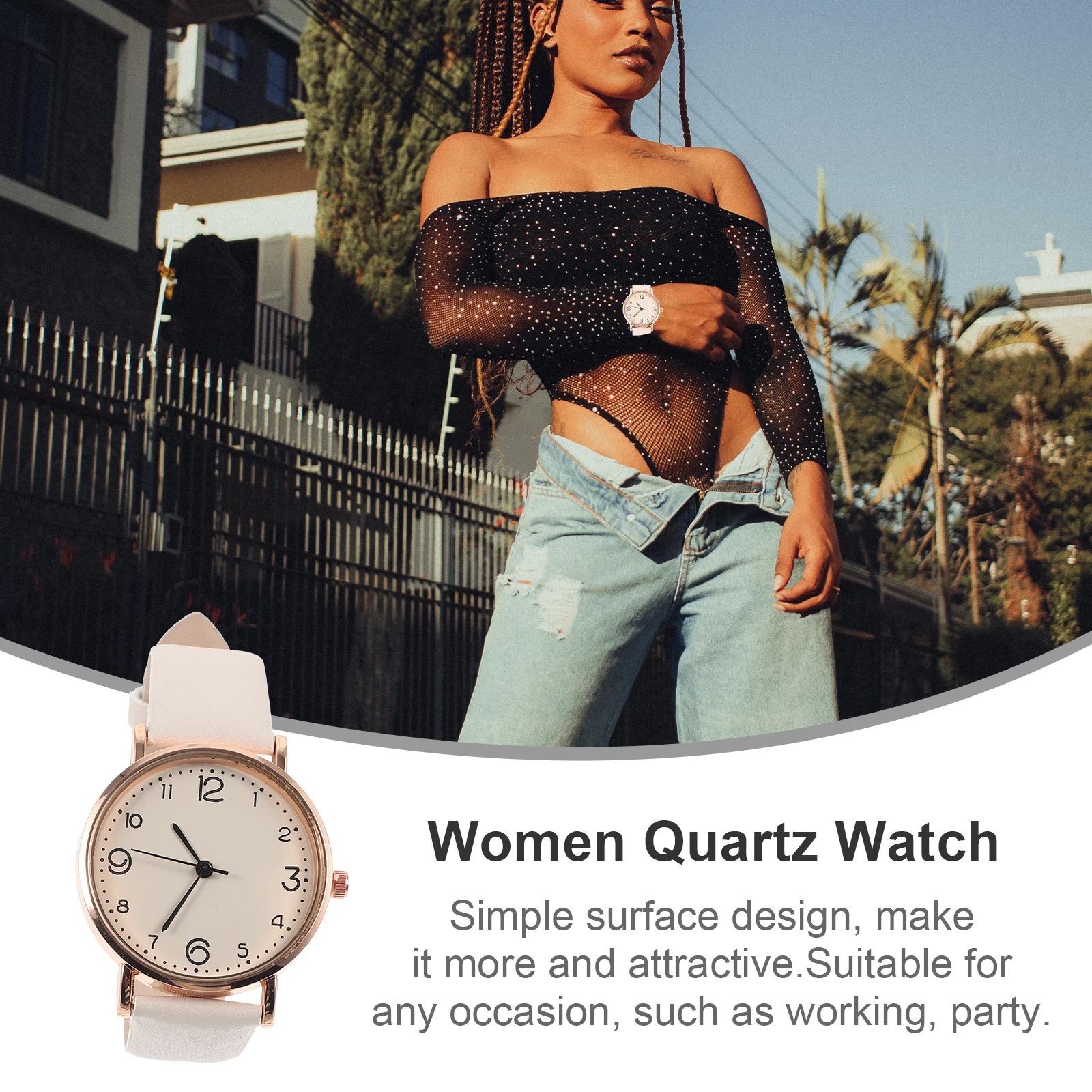 

Casual Women Quartz Watch White PU Strap Comfortable Simple Surface Wrist Watch Suitable for Work Party