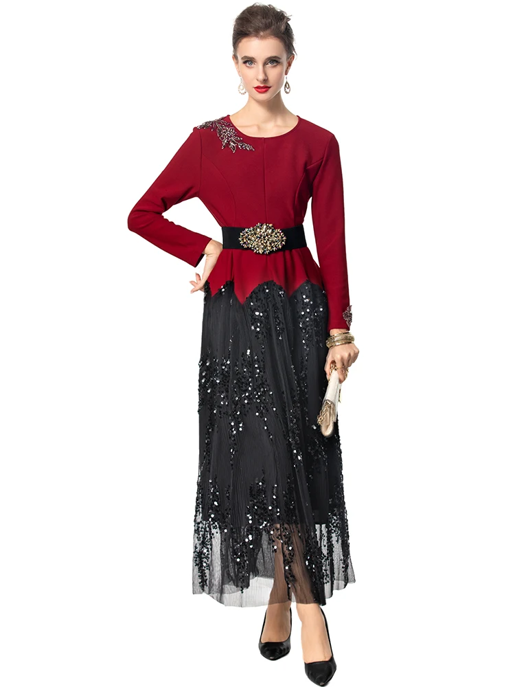 Seasixiang Sequins Mesh Patchwork Dress For Women O-Neck Long Sleeve Beading Sashes Office Lady Dresses Fashion Autumn Female