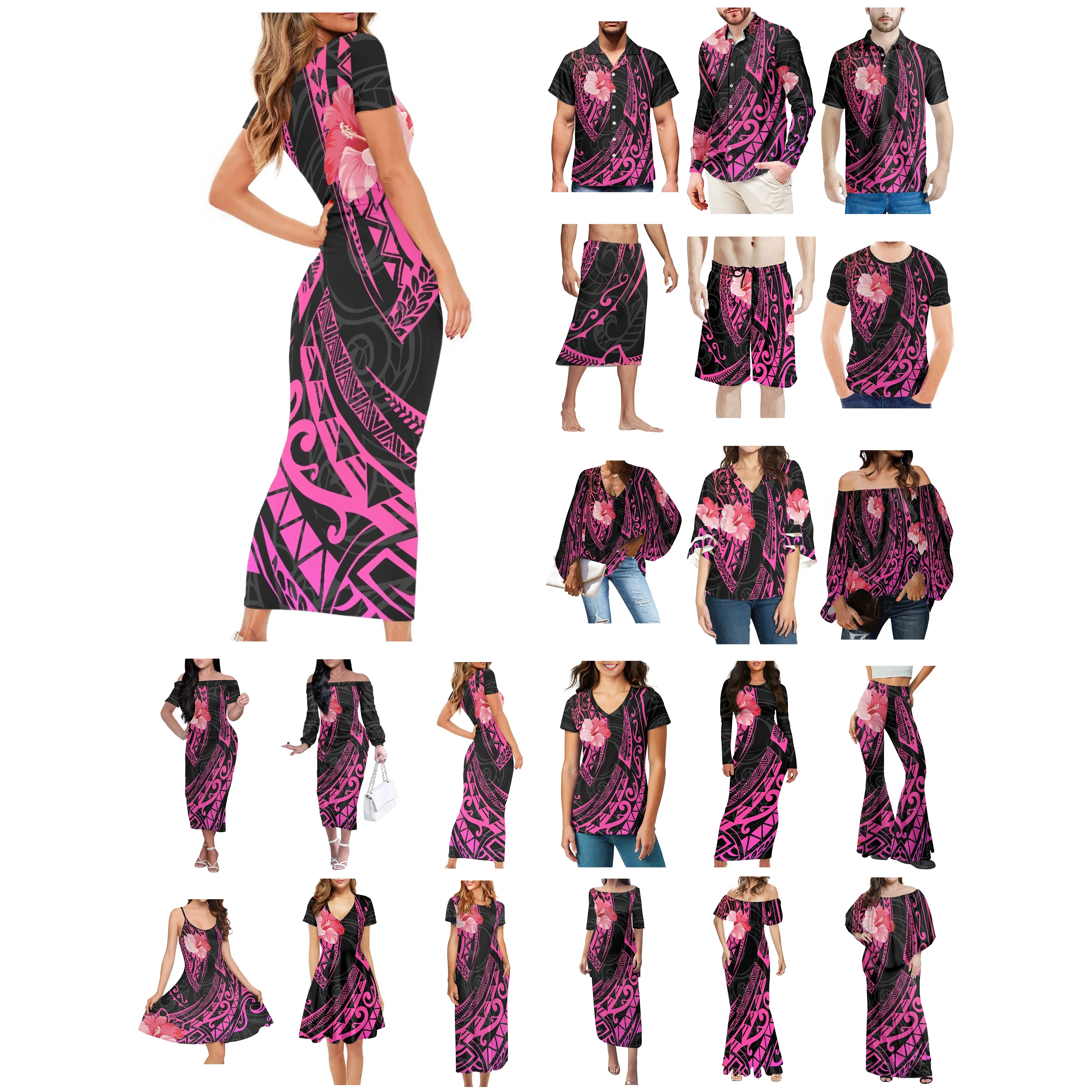 Polynesian Tonga Hawaii Fiji Guam Samoa Pohnpei Tribal Tattoo Prints Clothes Women Dress Matching Men Shirt Pink Lovers Clothes