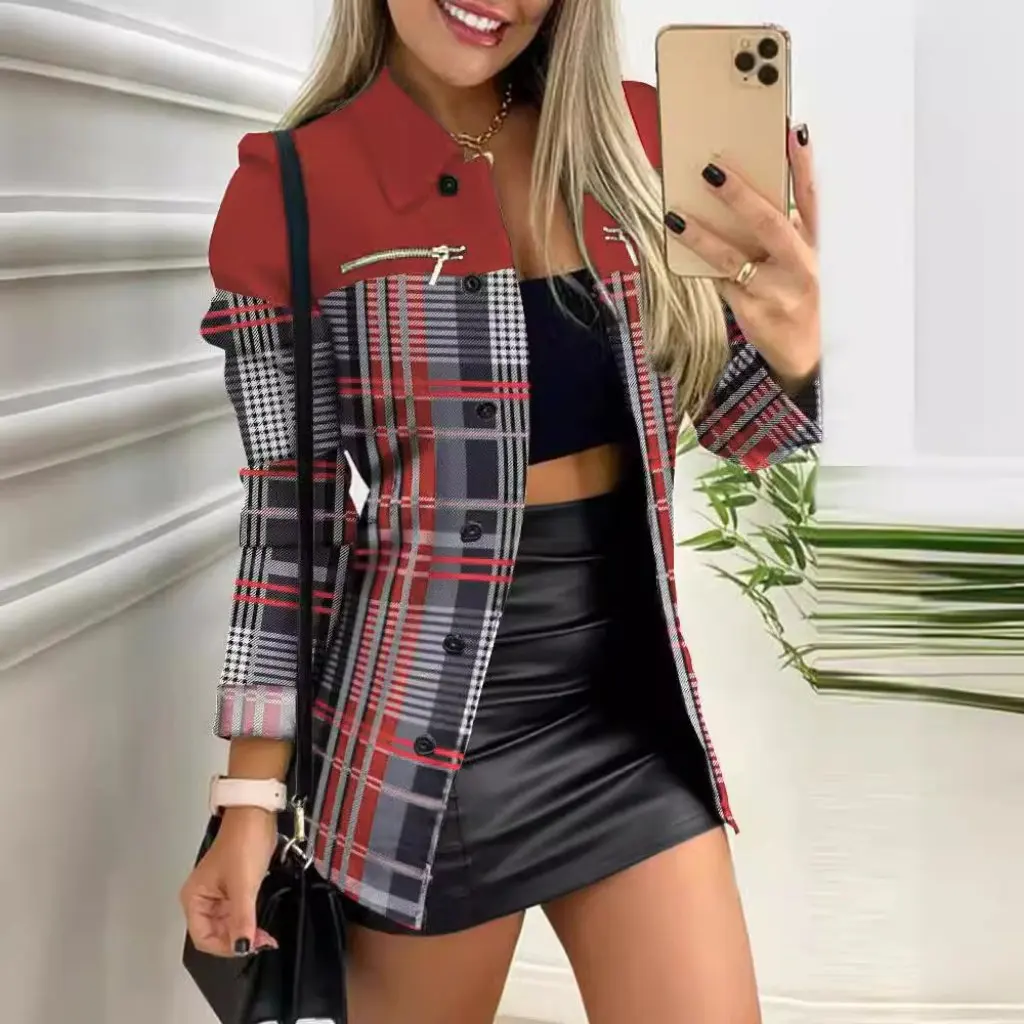 

Women's Long-Sleeved Zipper Color-Block Jacket Lapel Style Autumn Winter Independent Station Wish Hot Fashion