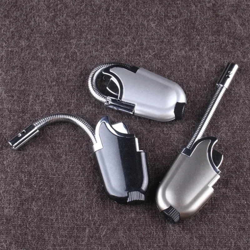 Flexible Hose Windproof Jet Blue Flame Butane Gas Lighter Kitchen Outdoor BBQ Cigar Lighter With Flashlight Metal Ignition Gun