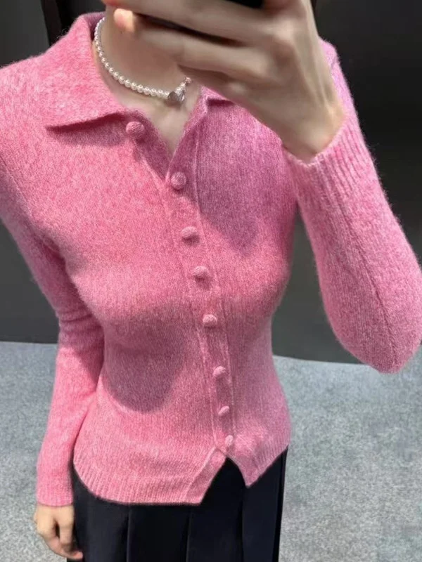 

Slim Fit Long Sleeve Knitted Cardigan Single Button Collared Sweater Casual Style Women's Fashion Winter Collection Shushuto