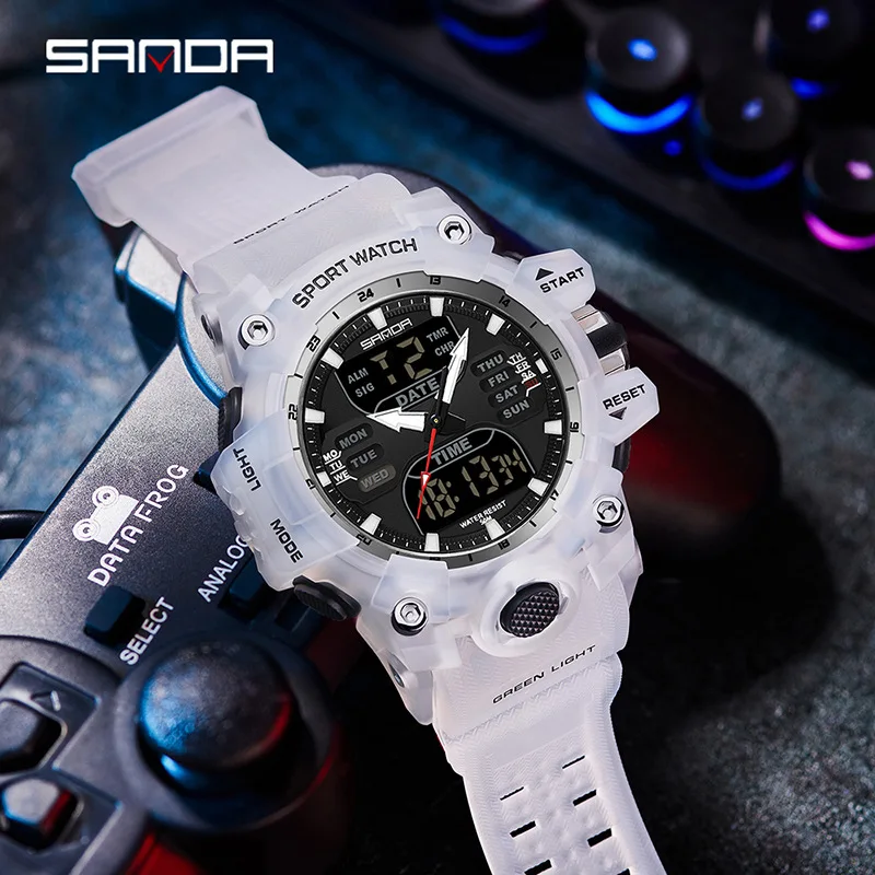 SANDA electronic men's watch countdown alarm clock multi-function Korean version waterproof and transparent personalized watch