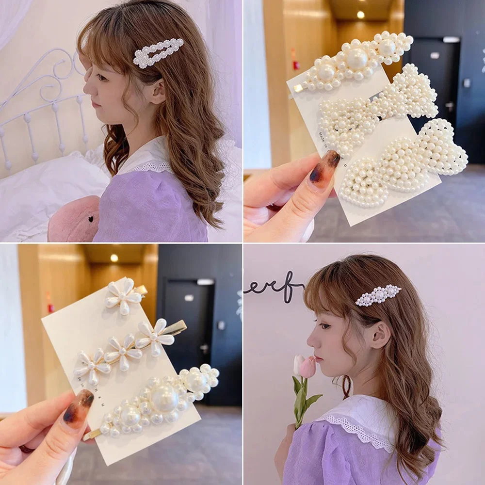 3pcs/Set Elegant Pearl Hair Clips Pin Golden Metal Geometric Pearls Flower Bridal Hair Barrettes For Women Girls Party Headwear