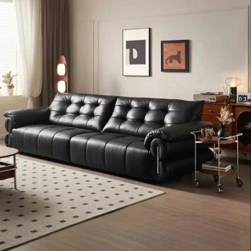 نمط القرون الوسطى بقرة سوداء كبيرة نمط الرجعية الطبقة الأولى أريكة جلد البقر غرفة المعيشة صف مستقيم أريكة جلدية سوداء الاقسام الأريكة #3