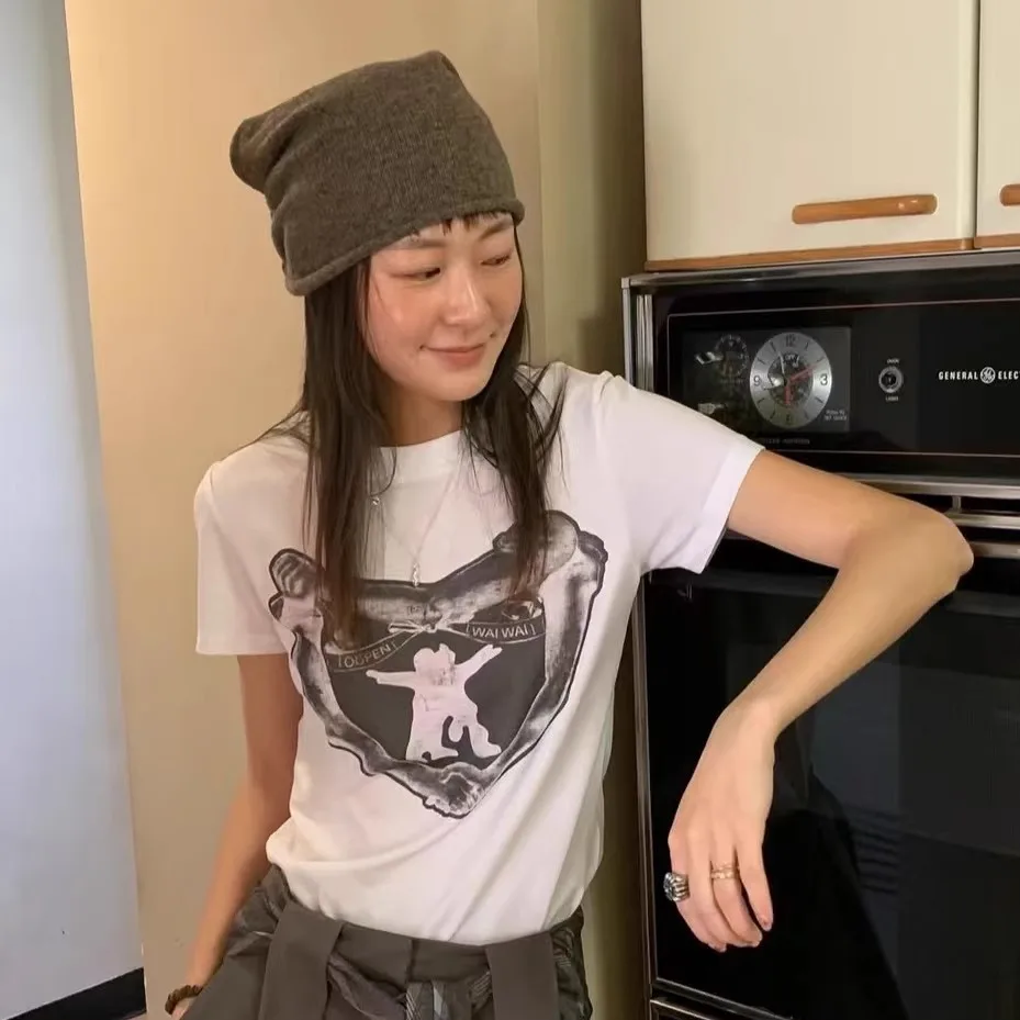 سليم صالح ort Sve تي شيرت الحلو فتاة باردة طباعة مفتوحة YY oulder عادية Sle الصيف Faion المرأة الأعلى جولة Ne المحملة