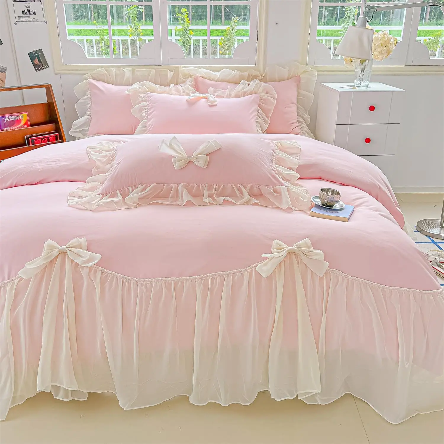 

Pink Full Size Lace Duvet Cover Set with Ruffles and Bow, Princess Style Bedding, Includes 2 Pillowcases