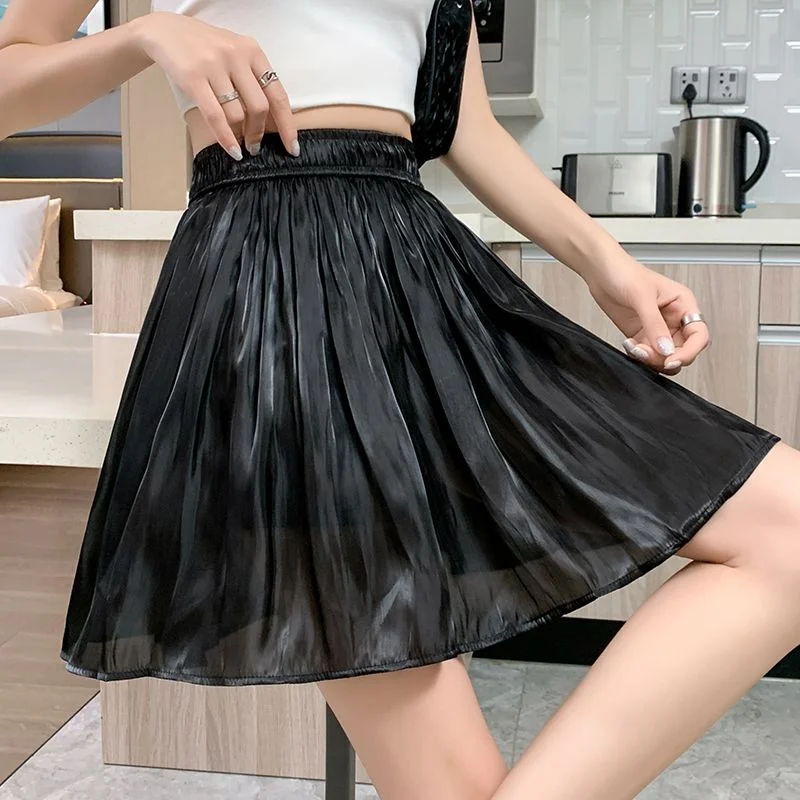 Satin Skirts Women Folds Korean Style A-line Gentle High Waist Fashion Summer Casual Office Lady Solid All-match Popular Chic