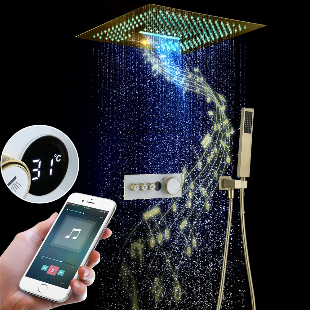 

Modern Design Brass Temperature Display Thermostatic Brushed Golden Shower Faucet 16-Inch Music LED Rain Waterfall Shower Head