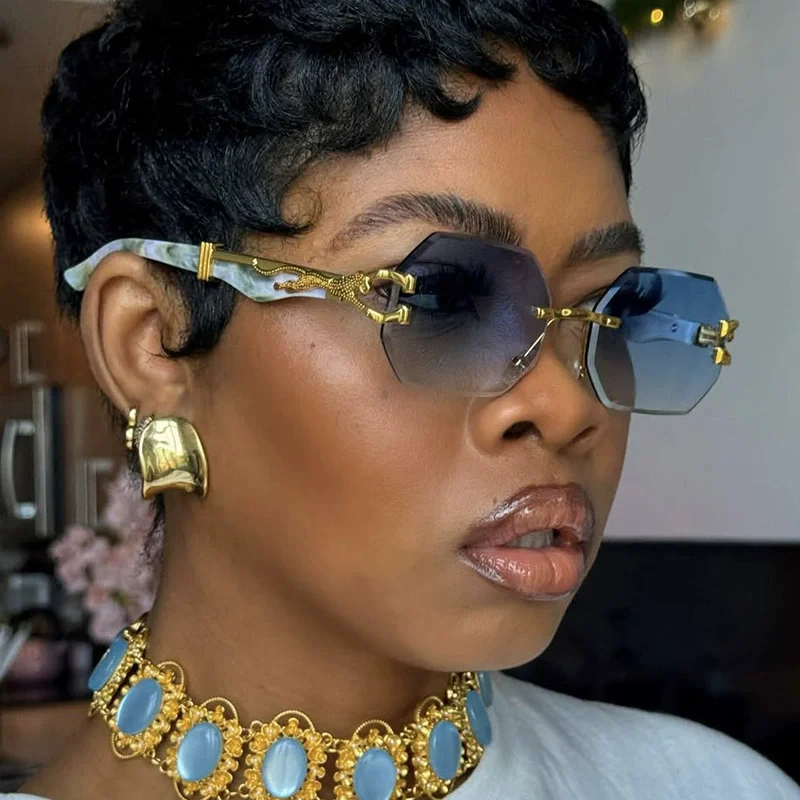 Lunettes de soleil vintage sans monture pour femmes, nuances polygonales, marque de luxe, nickel é, mode, décor léopard, lunettes de soleil, UV400