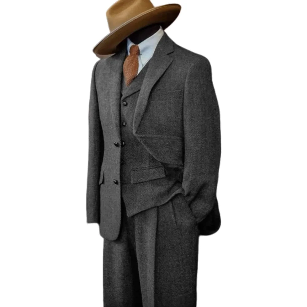 Dark Gray 3 Piece Men's Suit Woolen Tweed Herringbone Retro Classic Pattern Business Blazer Pants Vest Tuxedo for Wedding