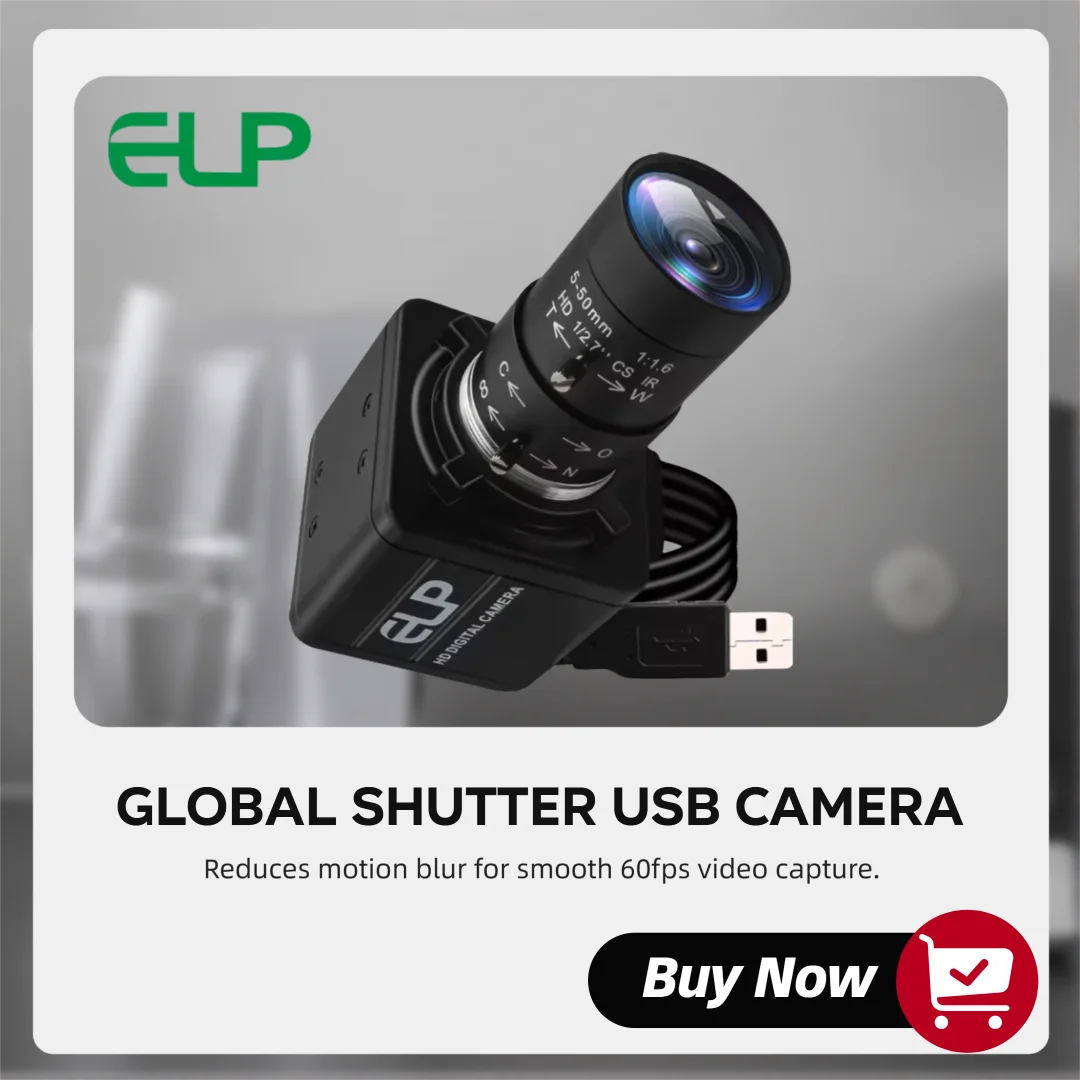 ELP Global Shutter Monochrom USB Camera, 5-50mm Varifocal CS Lens, AR0144 Sensor, 720P 60fps, Plug&Play for High Speed Motion