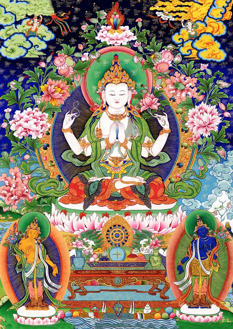 

CZ Clear Four Arms Portrait Buddha Statue Painting Photo Paper Plastic Seal Scroll Crystal Table Home Hanging Painting