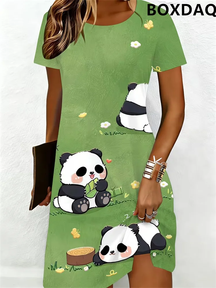 Animal Panda Pattern Printed Women's Dresses Casual Loose Round Neck Short Sleeved Summer A-Line Mini Dress New Style