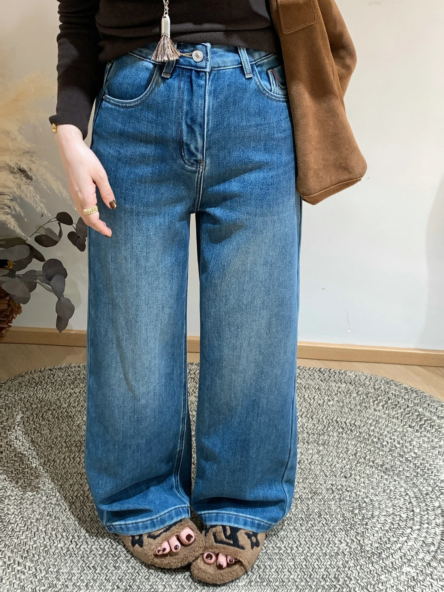 

Thiened High Waist Wide Leg Denim Pants Women Winter New Sle Loose Drapey Fce Floor-Length Trousers Casual Cotton Jeans