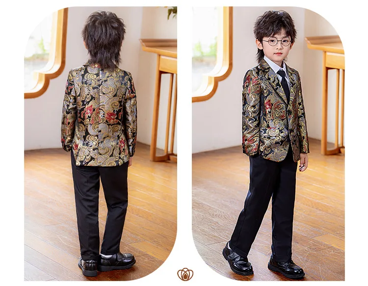 Roter Jacquard-Anzug für Jungen im chinesischen Stil, formeller Smoking für Kinder für Gastgeberauftritte, Klavierauftritte, Modenschauen, Hochzeiten und Partys – Detail 6