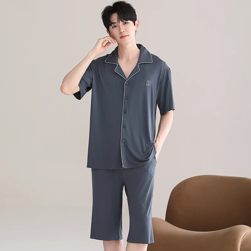 High Quality Plus Size L-4XL Men Pajamas Set Summer Modal Pyjama Male Turn-down Collar Solid Sleepwear