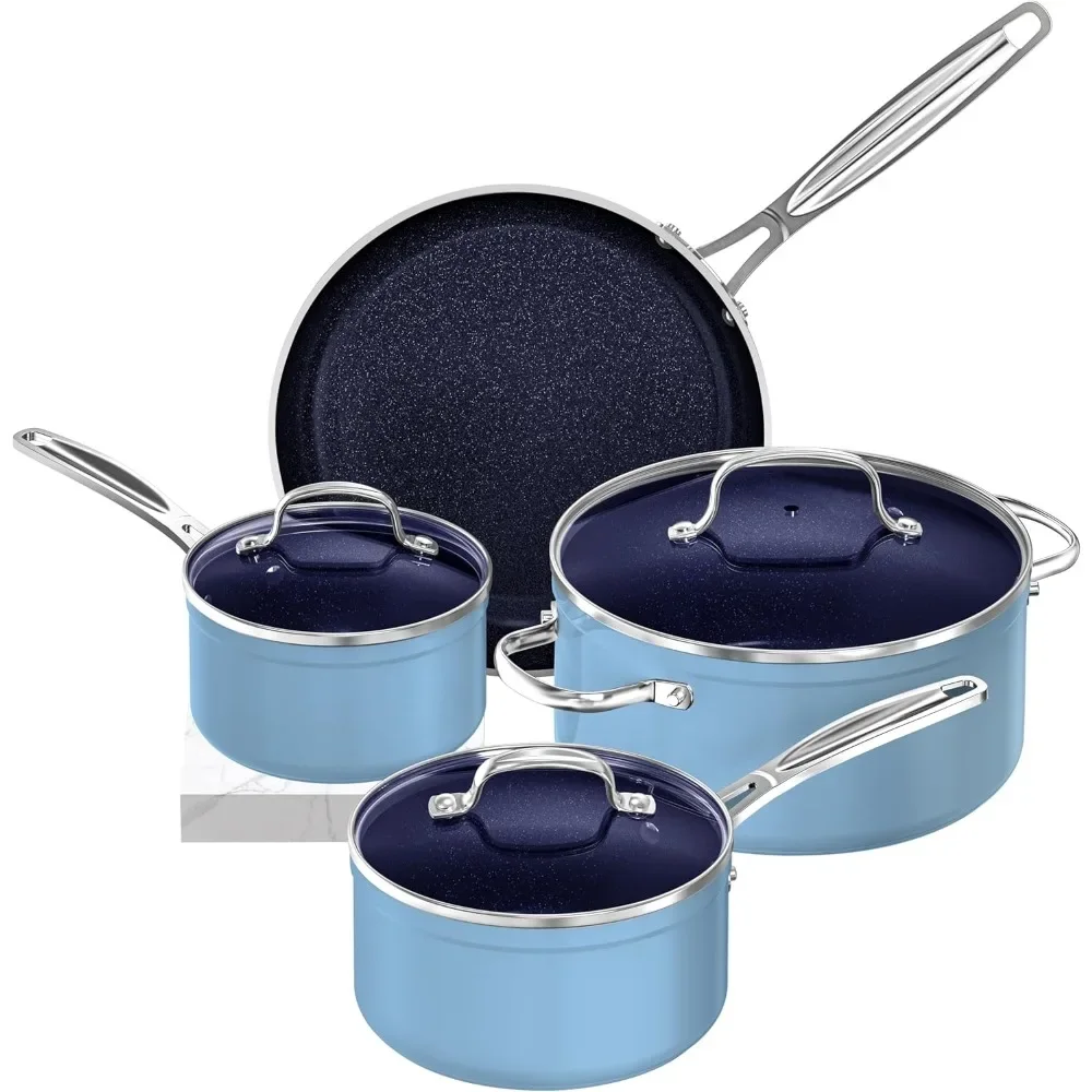 

7pc Cookware Set Healthy Duralon Blue Ceramic Nonstick Coated, Diamond Infused Scratch-Resistant, PFAS Free, Oven Safe, Lids