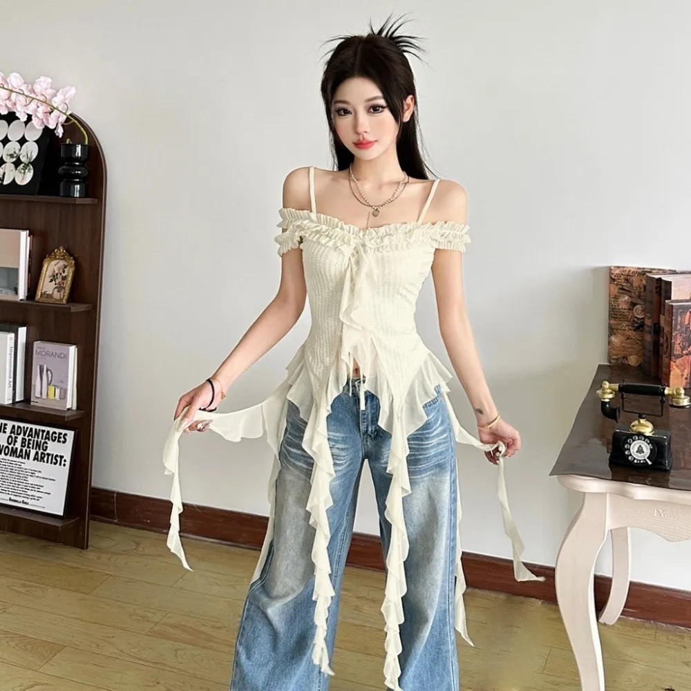 

SylCue Sweet Style Vest Women Slash Neck Sleeveless Backless Shaped Waist Skinny Ruffles Ribbon Solid Color Simple Streetwear