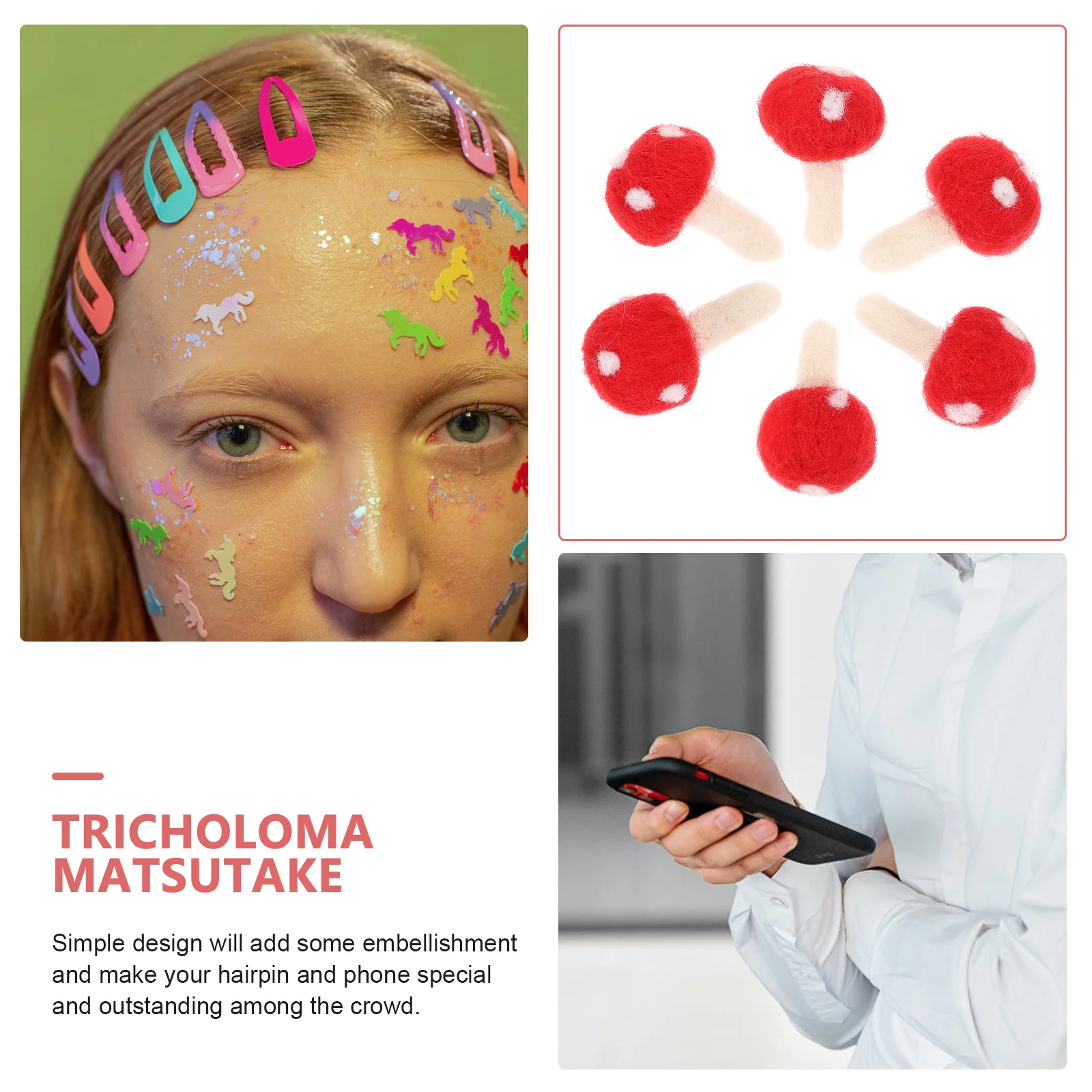 

6Pcs Cute Felt Mushroom DIY Charms for Hairpin Jewelry Craft Supplies Brooch Making Decorative Patches Manual Ornament Set