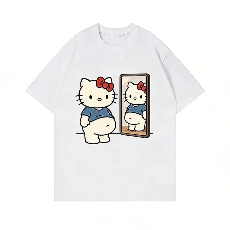 2026 New Kawaii Mirror Print Oversized T-shirt Women Y2K Streetwear Harajuku Casual Short Sleeve Daily Casual Tee