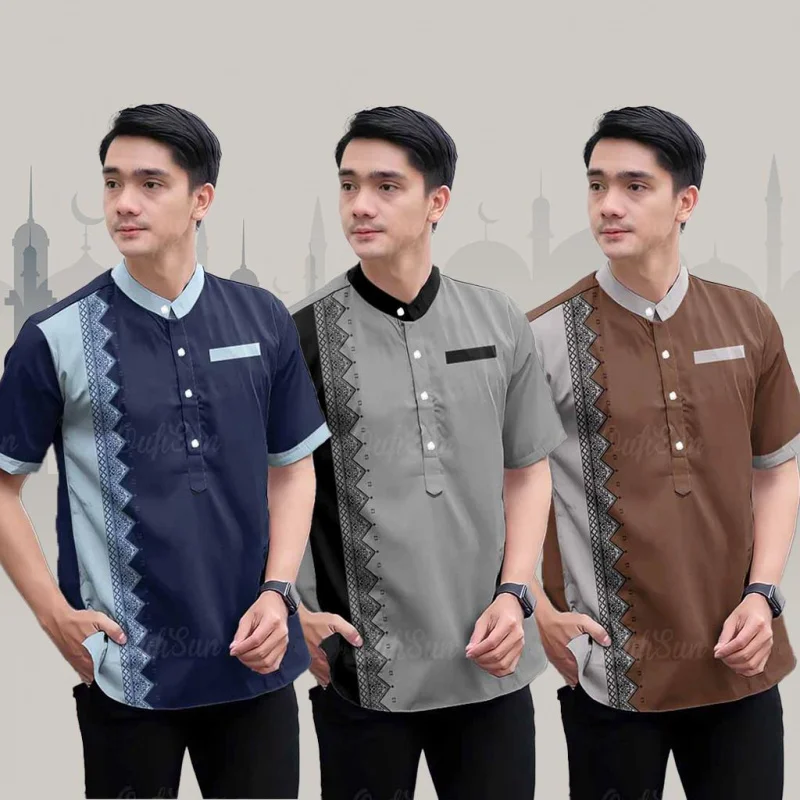 Baju Melayu Men Ramadan Collection Muslim Batik Pattern Standing Collar Short Sleeves Breathable Comfortable Exterior 3D Printed