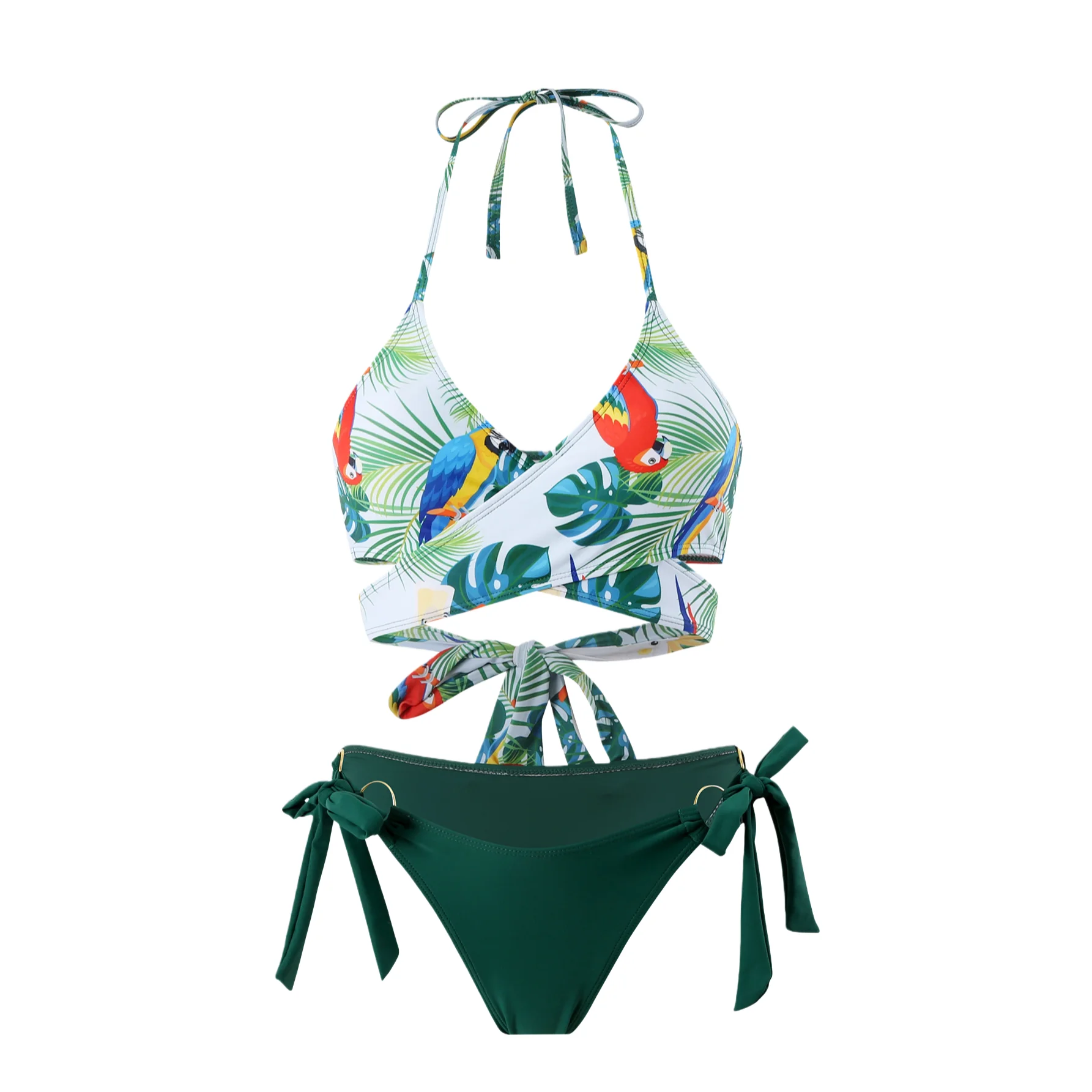 

Women's Tropical Parrot Print Bikini Set Green Halter Two Piece Swimwear High Waisted Tie Side Beach Bathing Suit