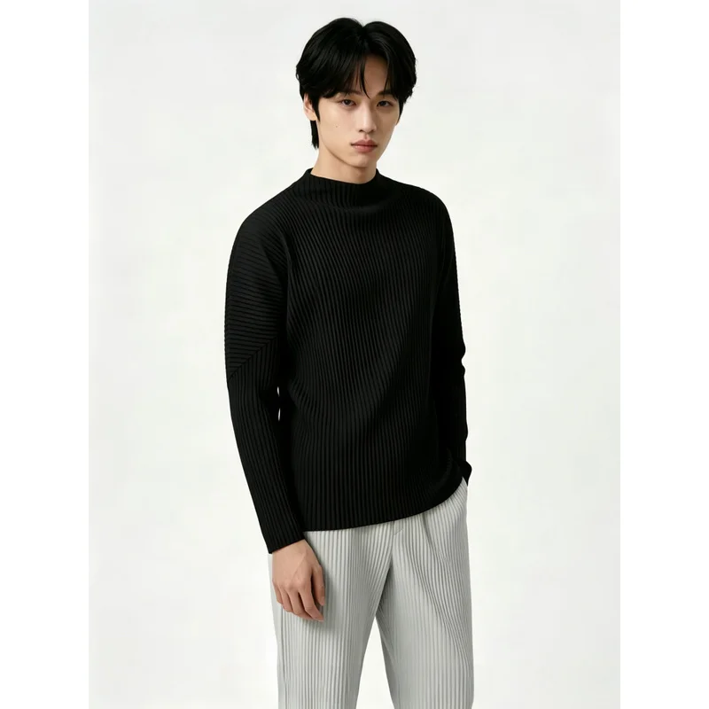 Miyake Pleated Men's Mock Neck Long Sleeve T Shirt Plisse Side Split Drop Shoulder Loose Fit Stretch