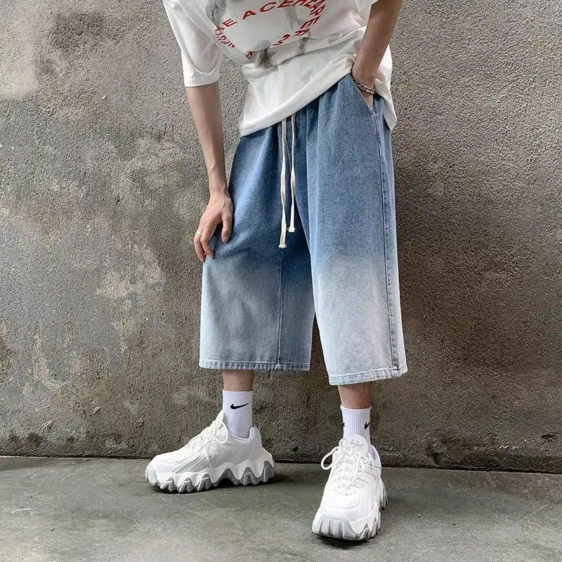 High Street Trendy Gradient Jeans Men Summer Thin Elastic Waist Drawstring Pockets Loose Casual Denim Wide Leg Calf Length Pants